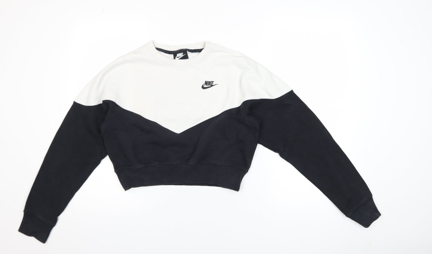 Nike Women Black & Beige Colourblock Cropped Pullover Sweatshirt Size S