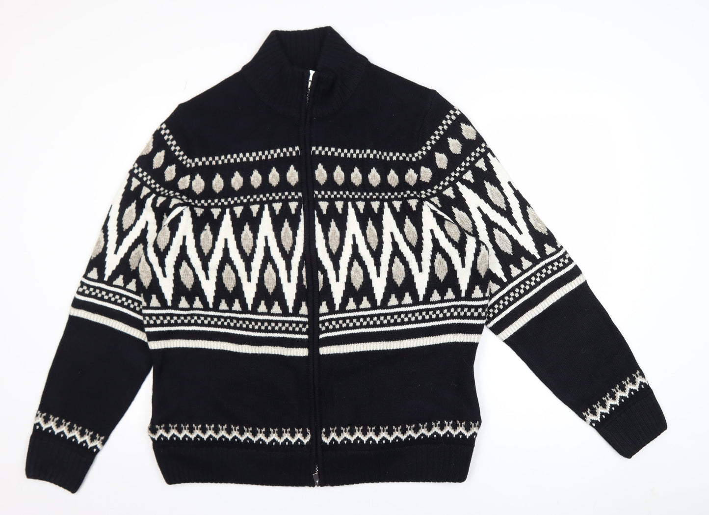 Marks and Spencer Men's Black XL Full Zip Fair Isle Jumper