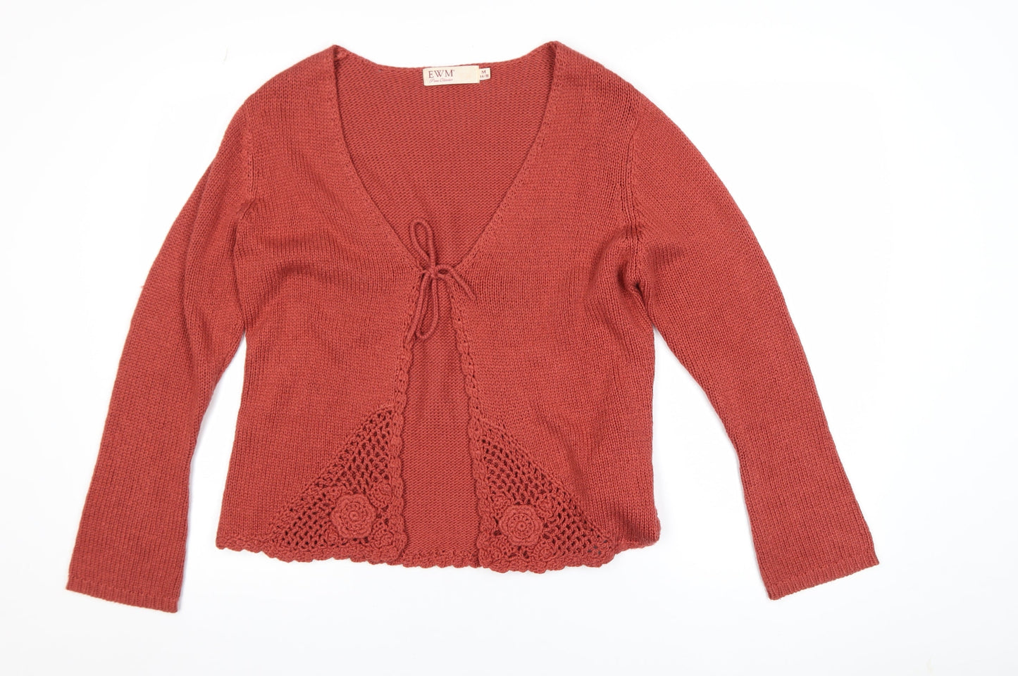 EWM Women Rust Red Crochet Trim Cardigan Size 14/16 Acrylic Knit