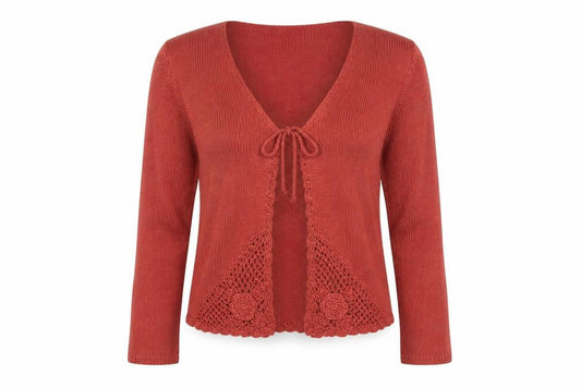 EWM Women Rust Red Crochet Trim Cardigan Size 14/16 Acrylic Knit