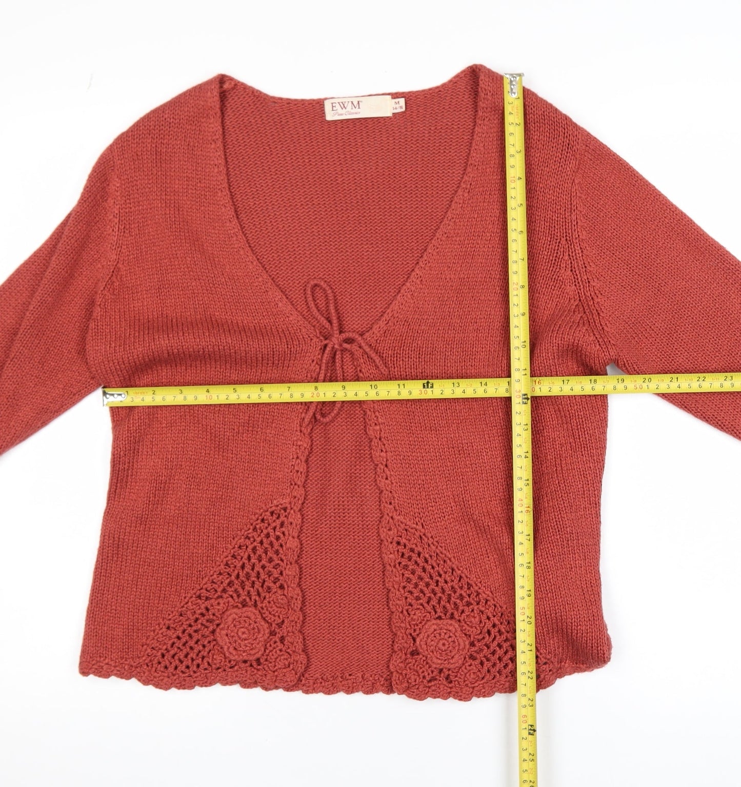 EWM Women Rust Red Crochet Trim Cardigan Size 14/16 Acrylic Knit