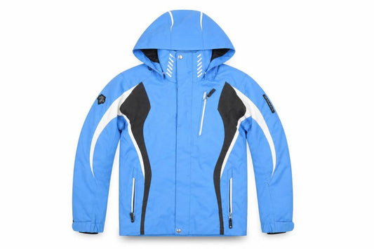 Front view of Descente boys’ blue waterproof hooded ski jacket 14-15 years polyester