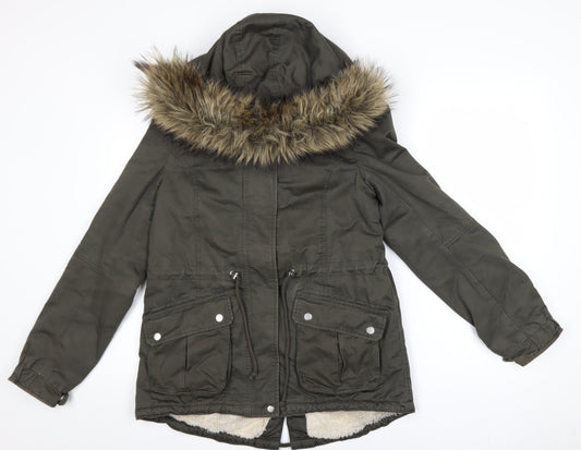DIVIDED Women’s Green Fur Trim Hooded Parka Coat Size 10