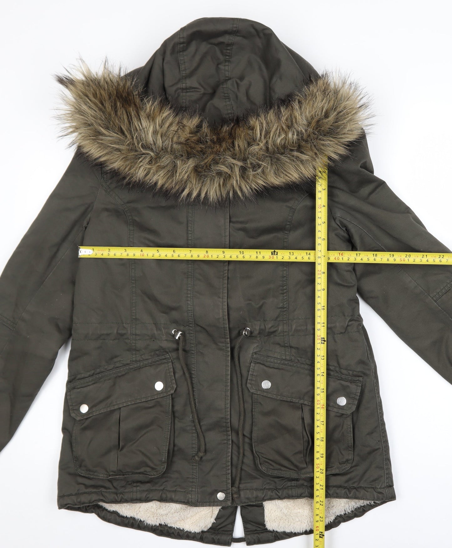 DIVIDED Women’s Green Fur Trim Hooded Parka Coat Size 10