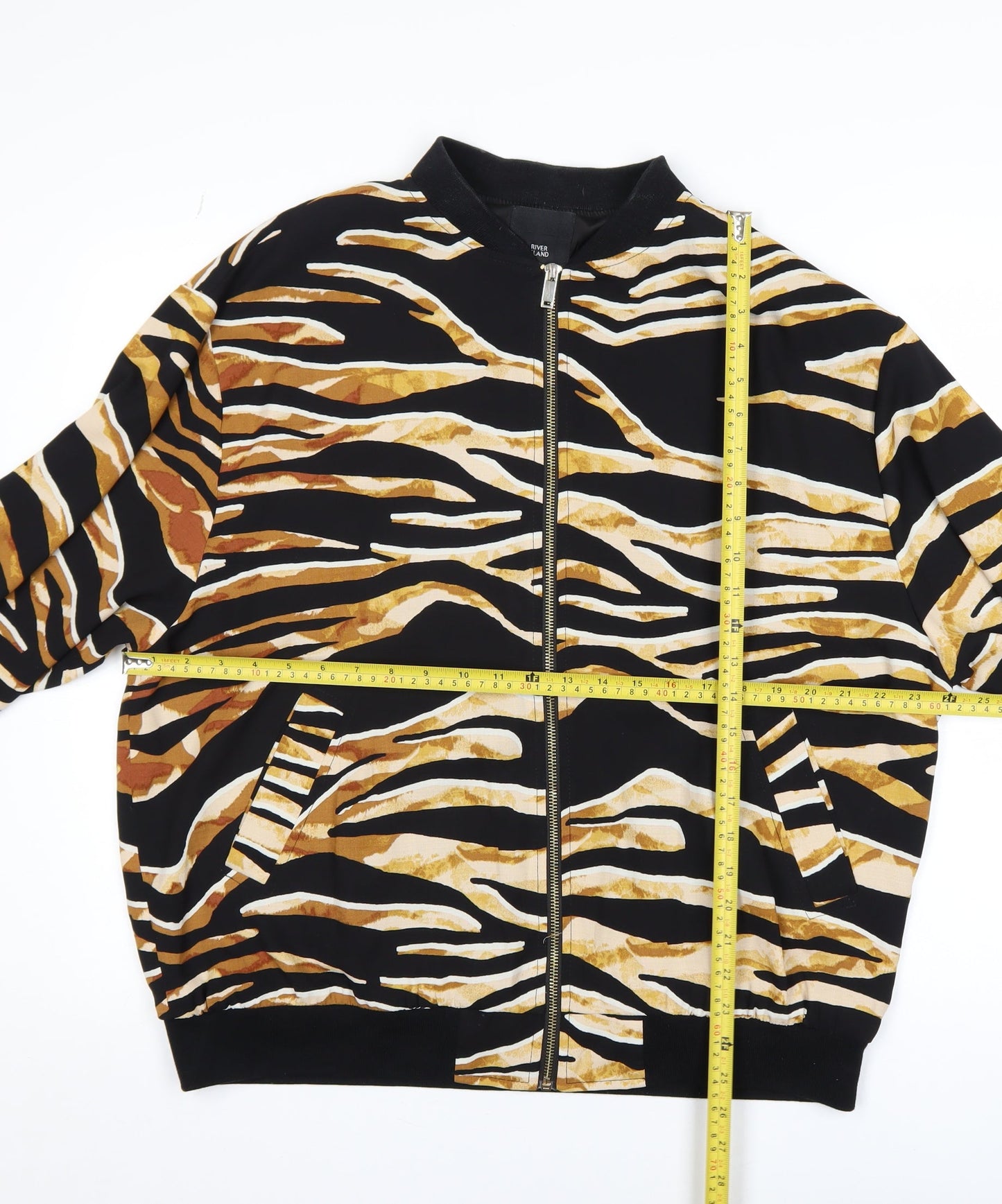 River Island Women Black Animal Print Bomber Jacket Medium Polyester Zip Up