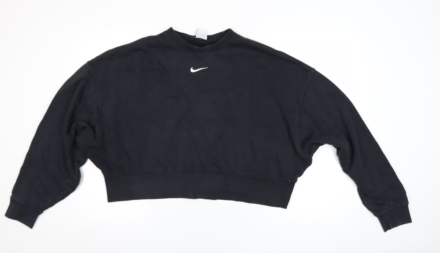 Nike Women Black Small Cropped Pullover Sweatshirt Logo Crew Neck