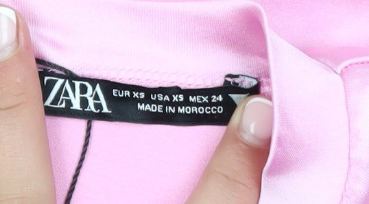 ZARA Women Pink XS Short Sleeve Ruched Satin T-Shirt Dress