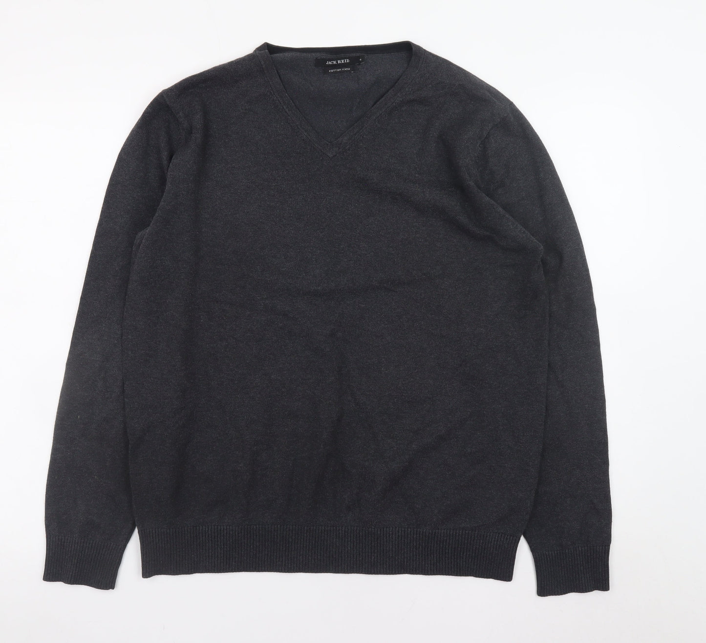 Jack Reid Men's Grey V-Neck Cotton Blend Jumper M