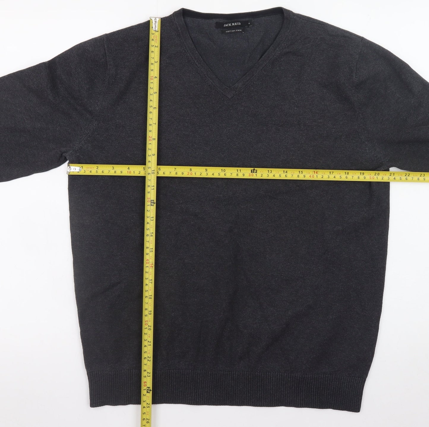 Jack Reid Men's Grey V-Neck Cotton Blend Jumper M
