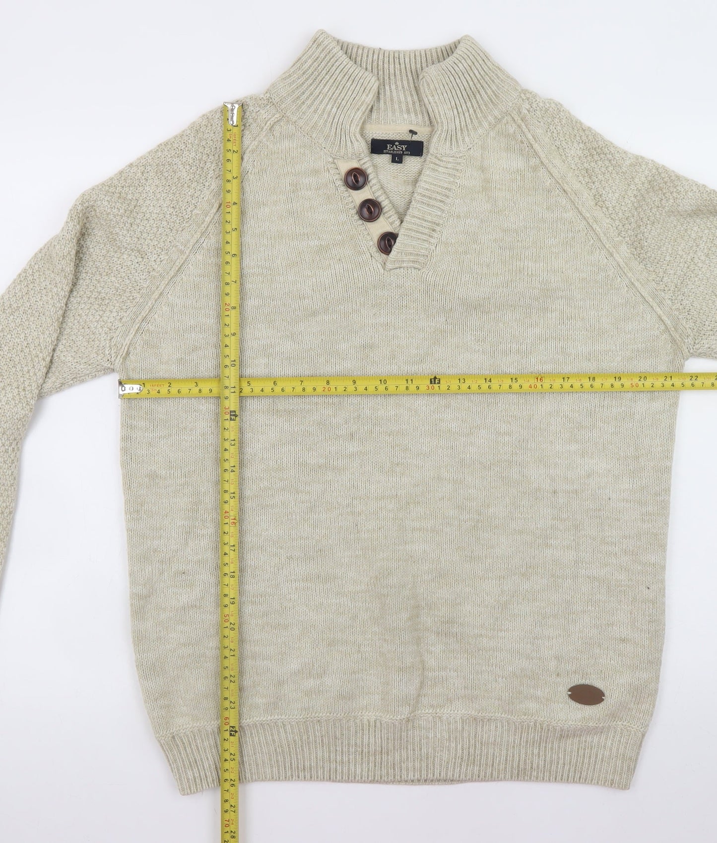 EASY Men's Beige Henley Jumper L Wool Blend Knit