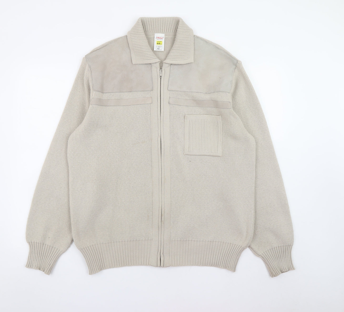 Marks and Spencer Men’s Beige XL Full Zip Knit Jumper with Suede Trim