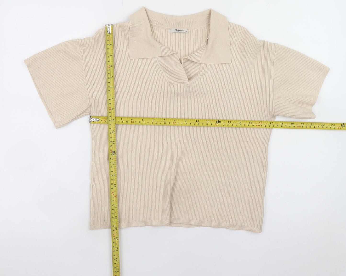 Tu Women Beige Collared Knit Polo Top Size 12 Short Sleeve