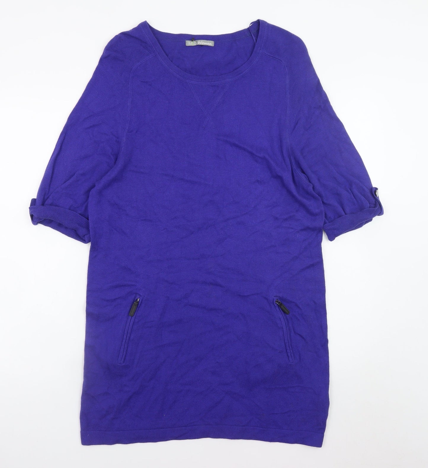 Marks and Spencer Women Blue Size 14 Knit T-Shirt Dress with Zip Pockets