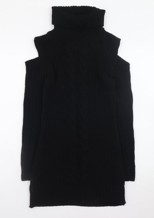Boohoo Women’s Black Cold Shoulder Roll Neck Knit Jumper Dress Size S