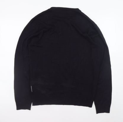 Close-up detail of French Connection Men's Black Wool Crew Neck Jumper, size M
