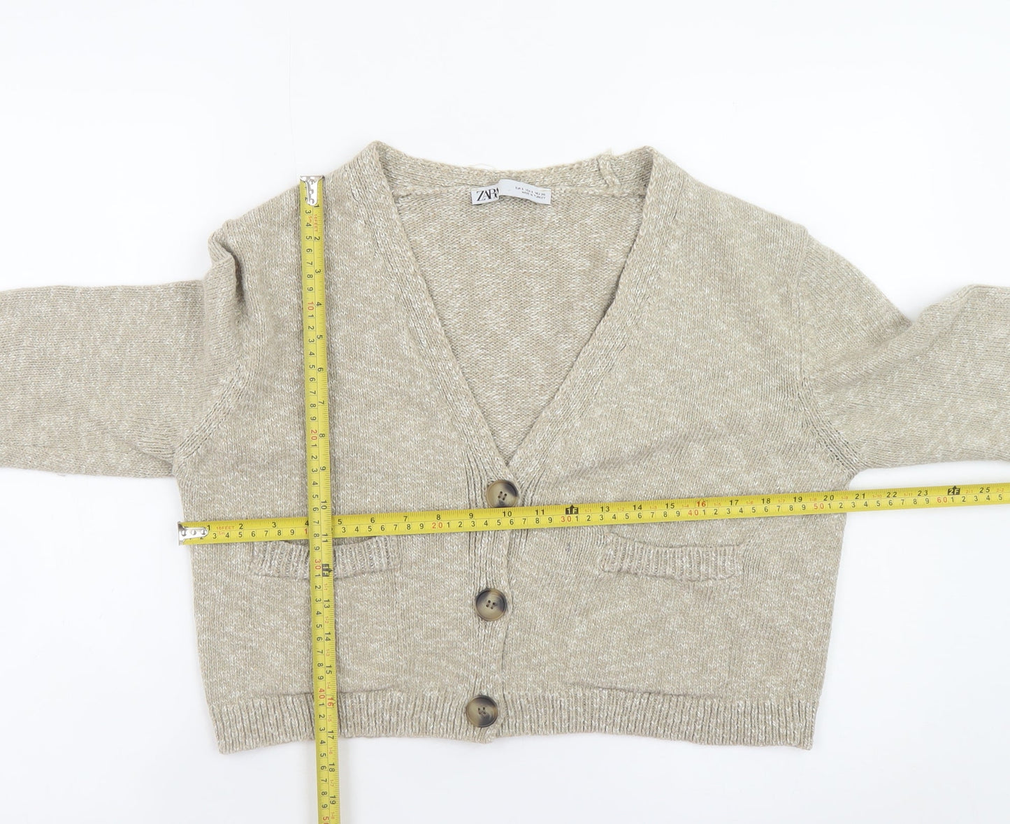 Zara Women Beige Knit V-Neck Button Cardigan Size S