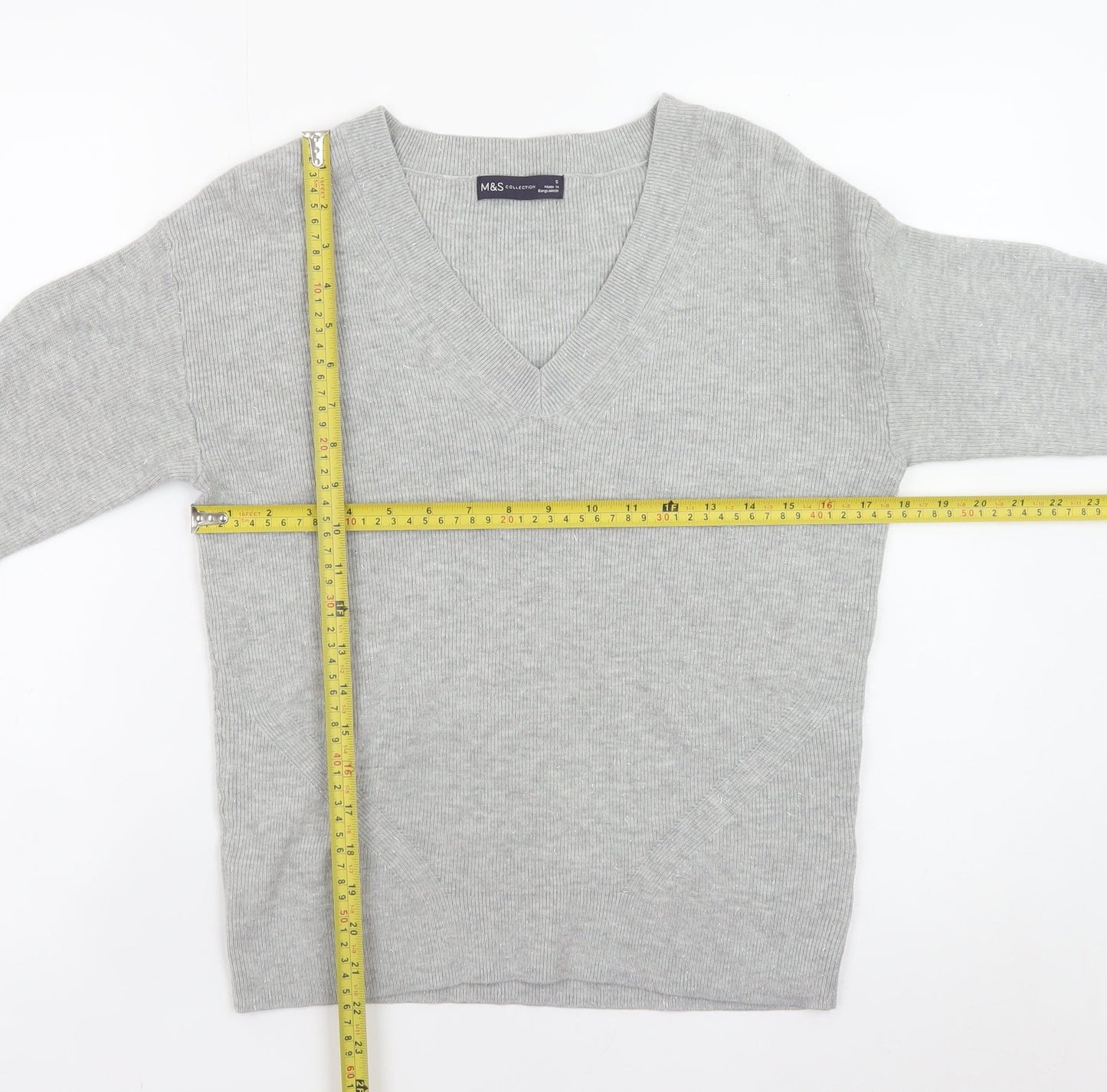 Marks and Spencer Women's Grey V-Neck Knit Jumper Size S