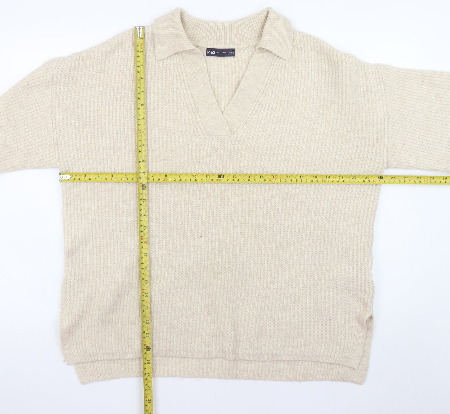 Marks and Spencer Womens Beige Collared Pullover Jumper L Relaxed Fit Knit