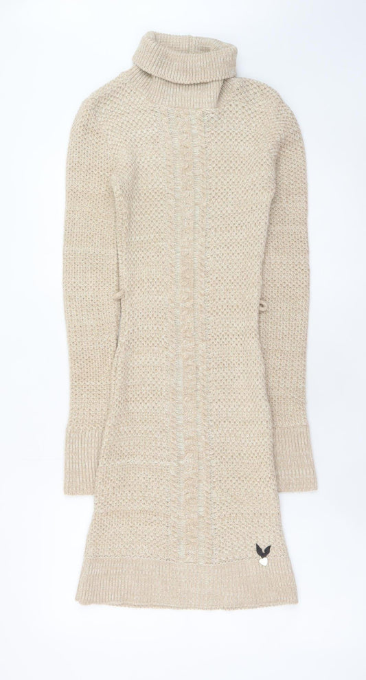 Lipsy Women Beige Knit Roll Neck Jumper Dress Size 6
