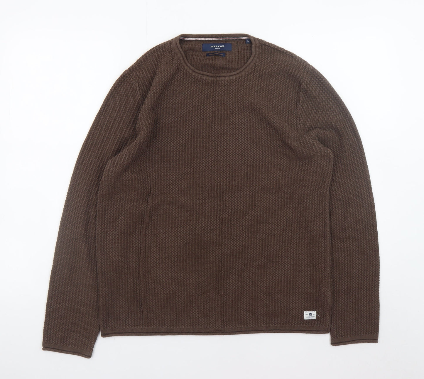 Jack & Jones Men's Brown Waffle-Knit Crew Neck Jumper Size L