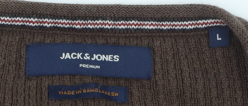 Jack & Jones Men's Brown Waffle-Knit Crew Neck Jumper Size L
