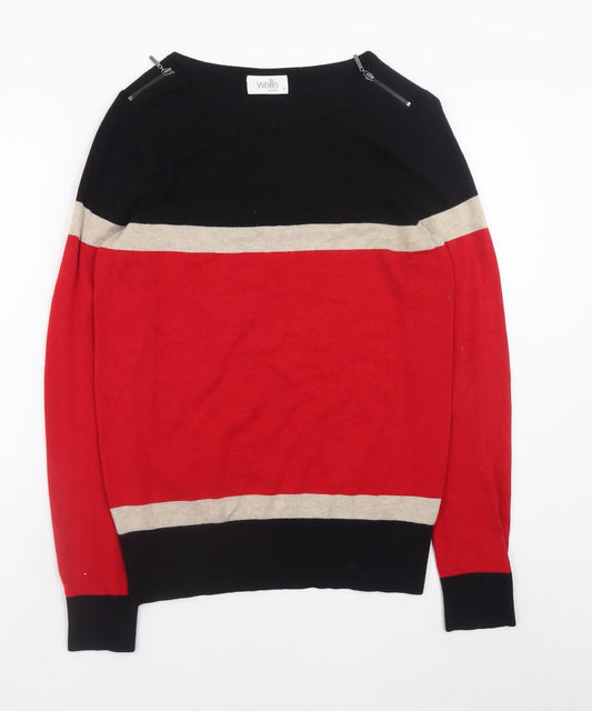 Wallis Women’s Black Red Beige Striped Zip Shoulder Pullover Jumper Size 12
