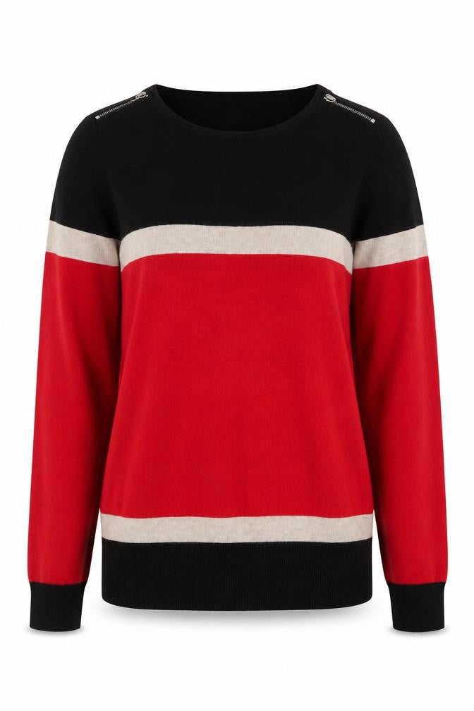 Wallis Women’s Black Red Beige Striped Zip Shoulder Pullover Jumper Size 12