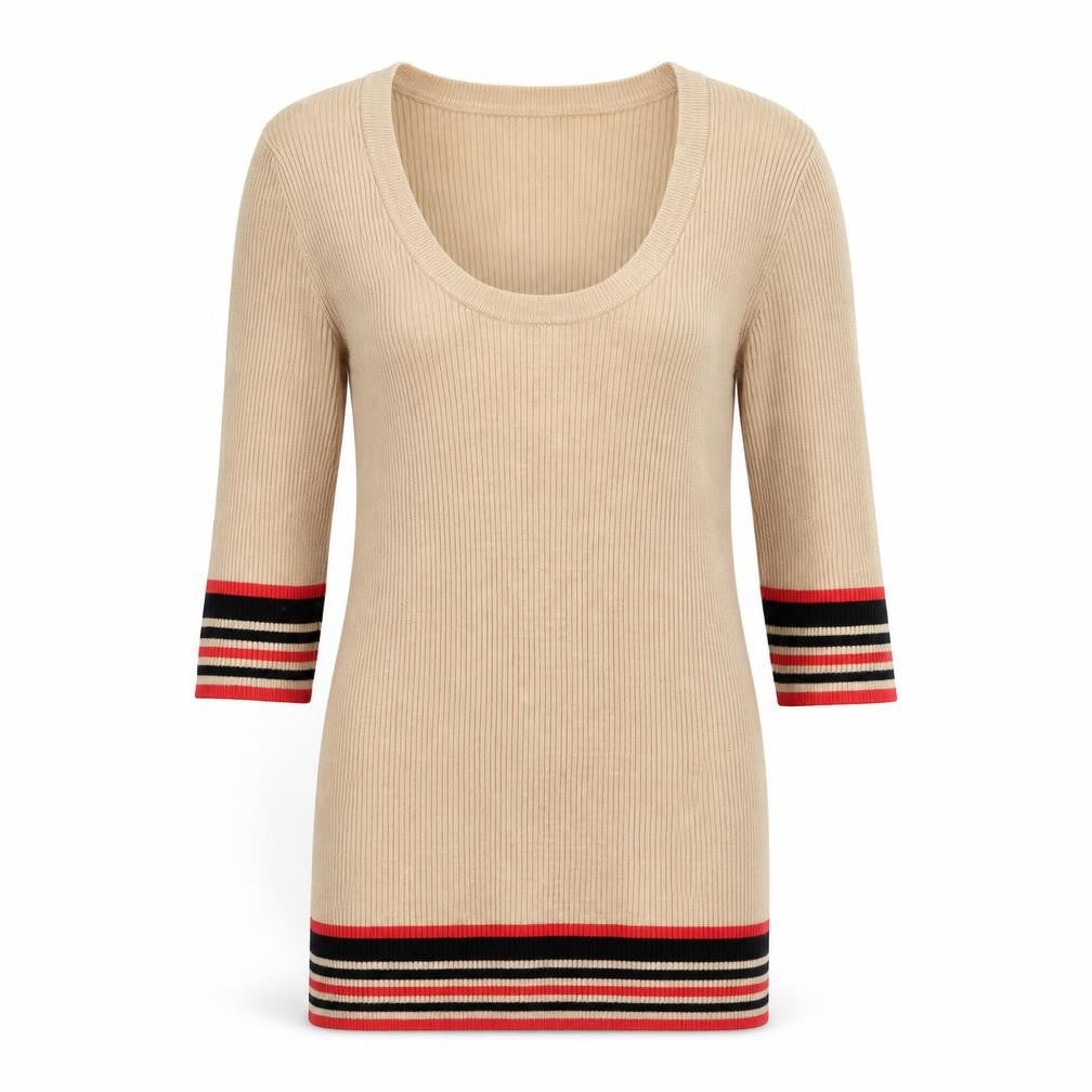 Oasis Women Beige Stripe Trim Scoop Neck Ribbed Knit Jumper Size S