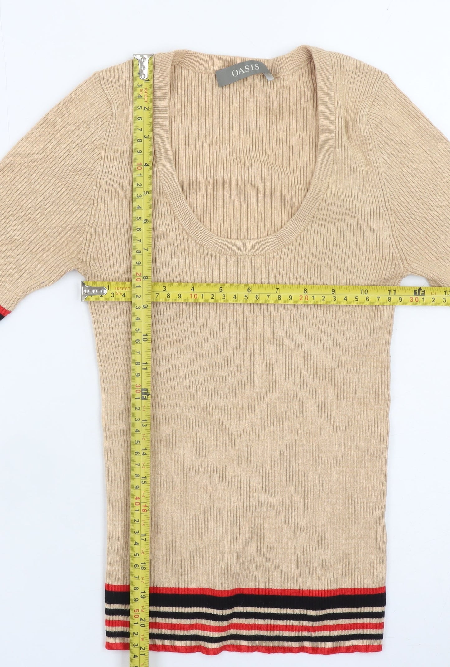 Oasis Women Beige Stripe Trim Scoop Neck Ribbed Knit Jumper Size S