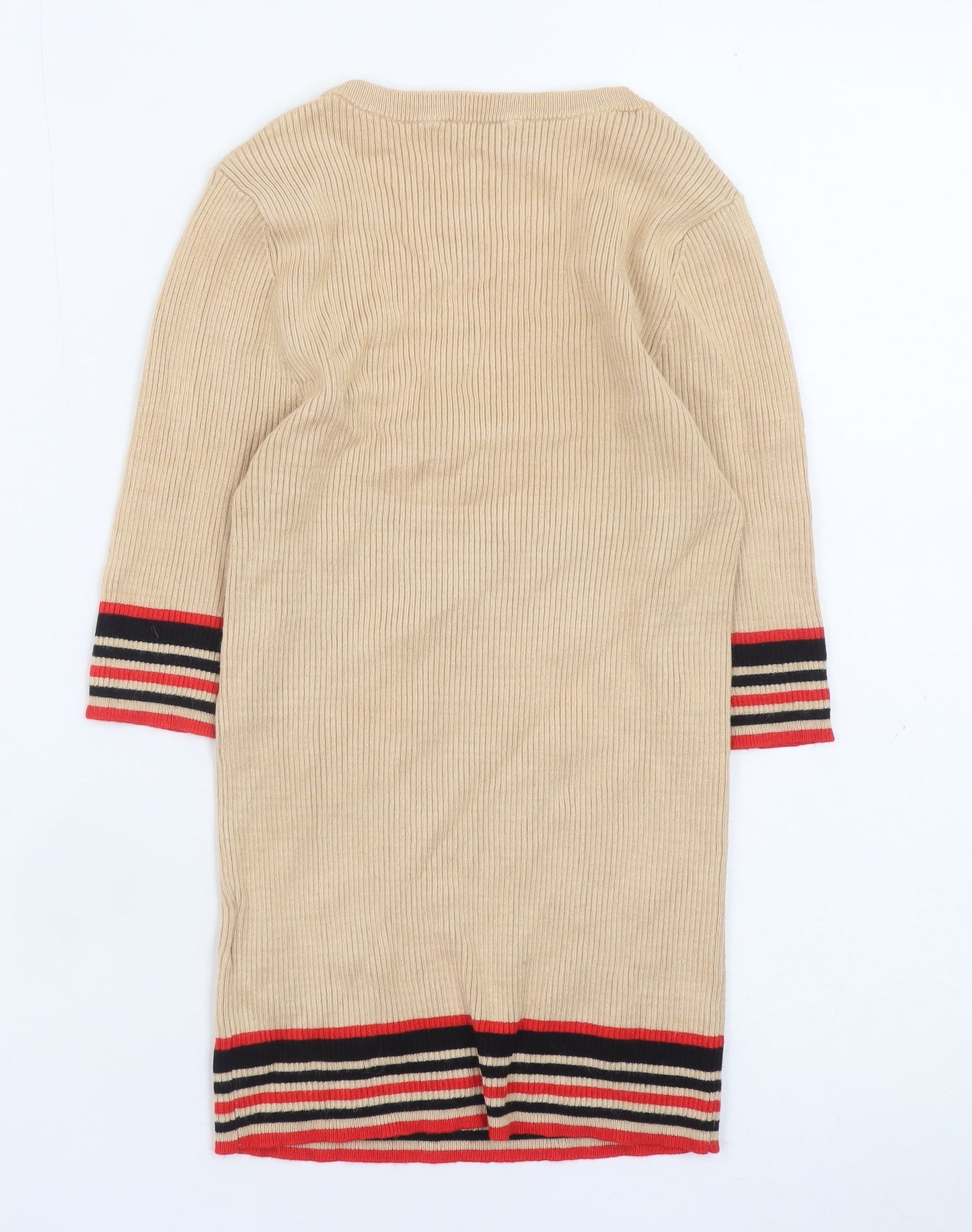 Oasis Women Beige Stripe Trim Scoop Neck Ribbed Knit Jumper Size S