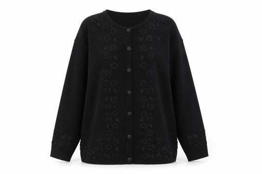 Bonmarché Women's Black Beaded Floral Knit Cardigan M