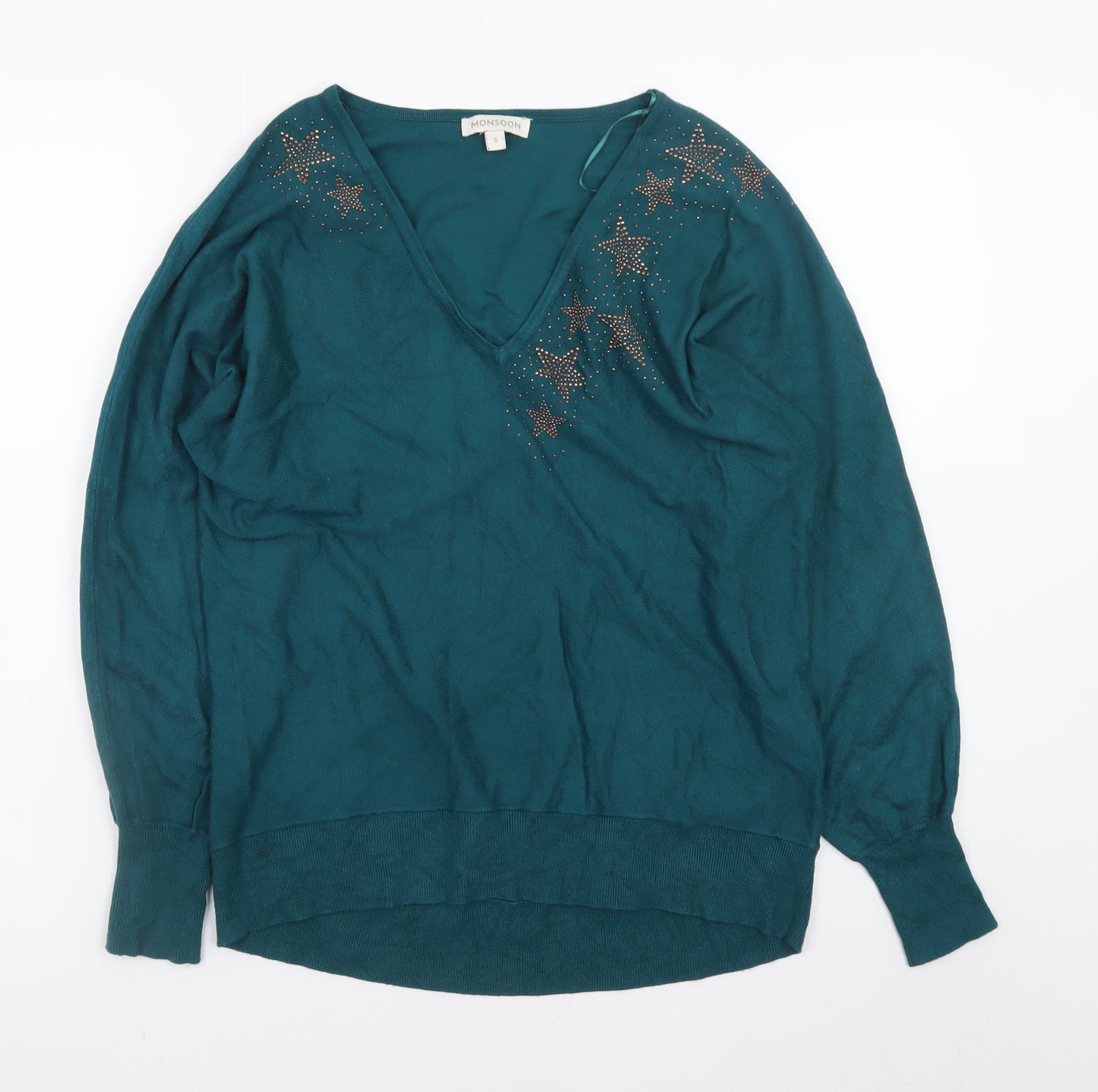 Monsoon Women's Green V-Neck Star Jumper Size S Long Sleeve