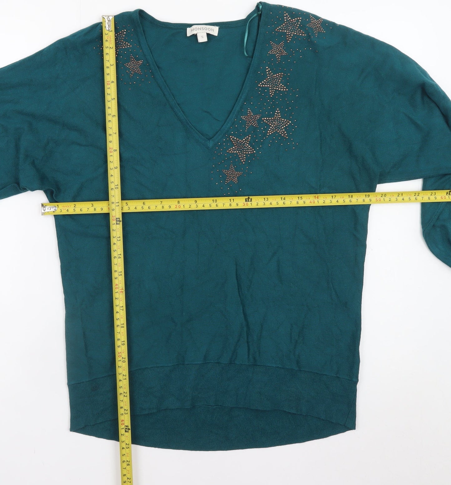 Monsoon Women's Green V-Neck Star Jumper Size S Long Sleeve