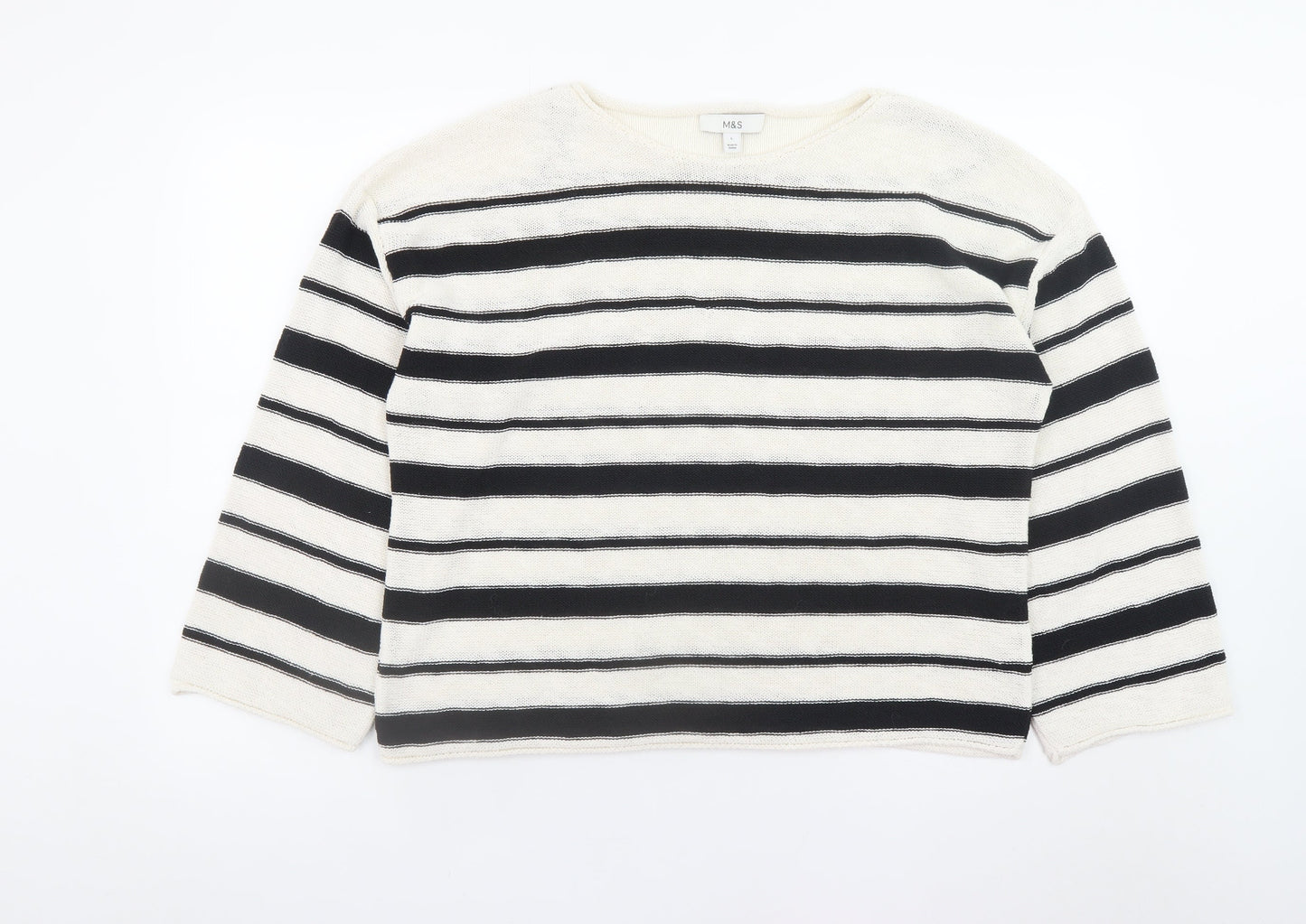 Marks and Spencer Women Black Stripe L Boat Neck Cotton Jumper