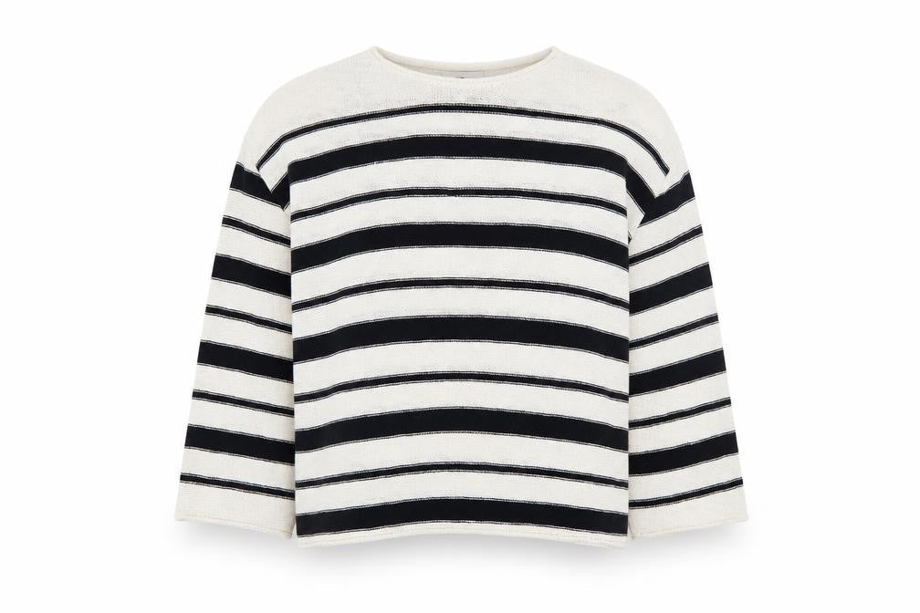 Marks & Spencer Women Black Stripe L Boat Neck Cotton Jumper
