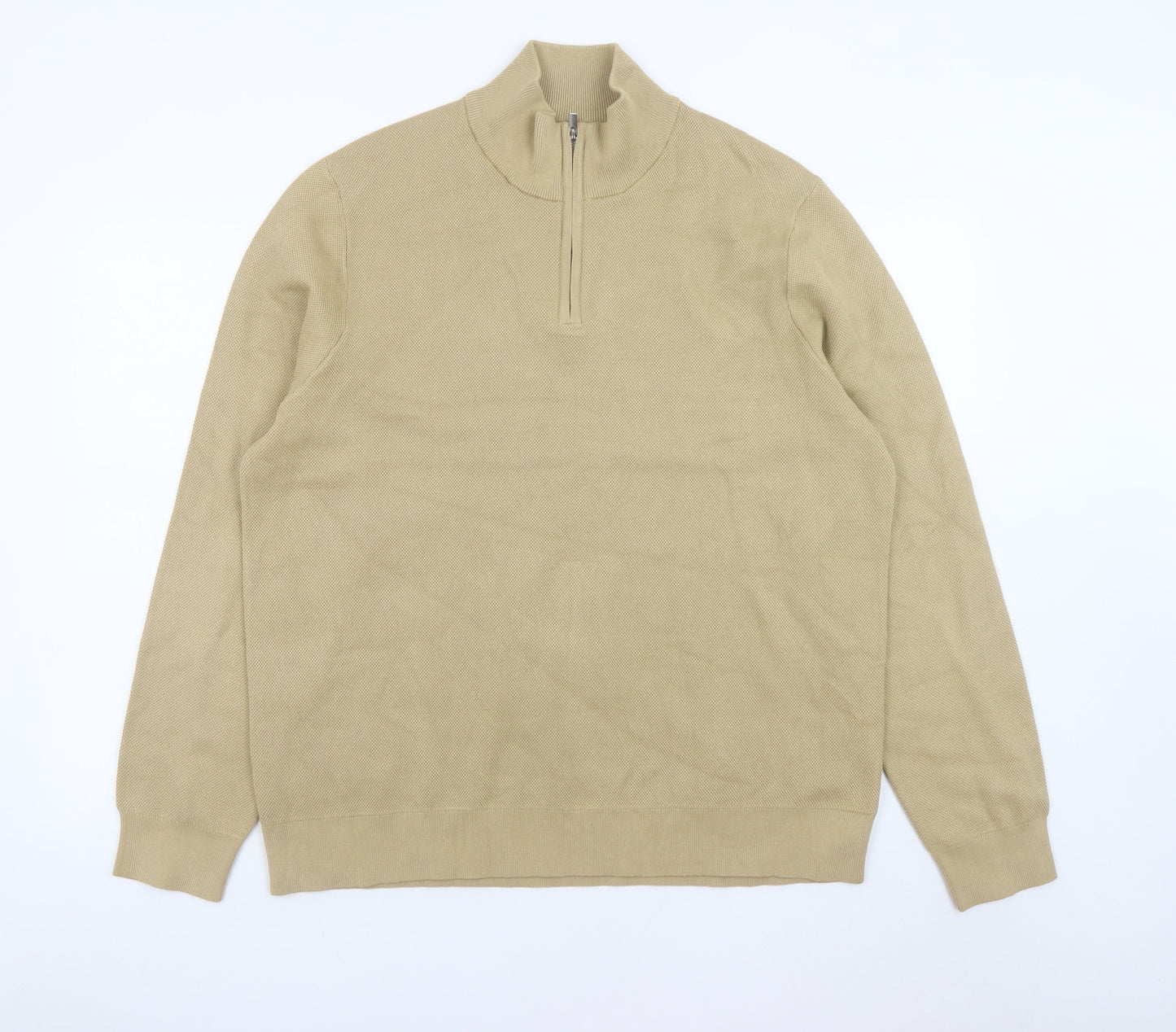 Marks and Spencer Men's Beige XL 1/2 Zip High Neck Cotton Jumper