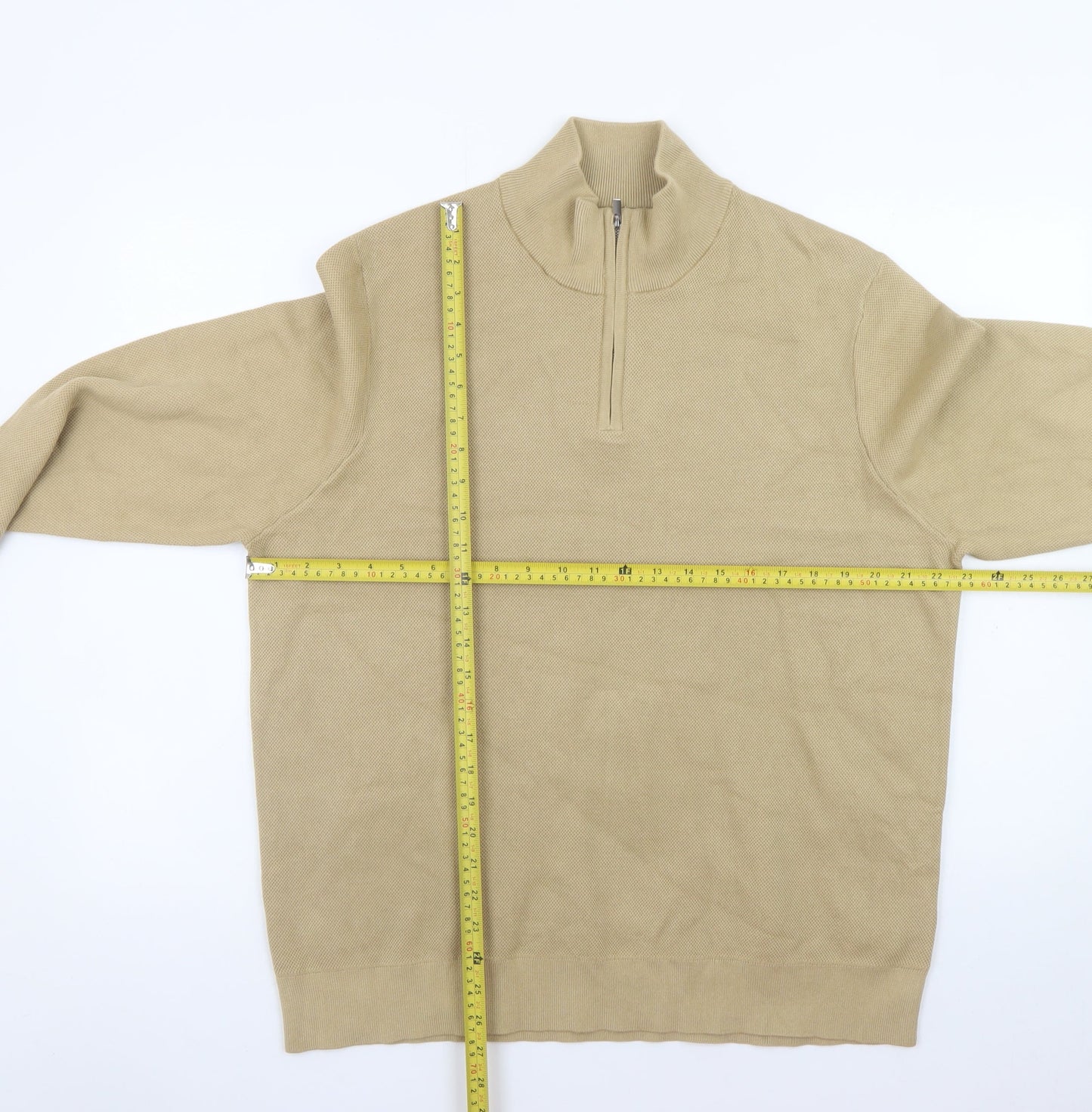Marks and Spencer Men's Beige XL 1/2 Zip High Neck Cotton Jumper