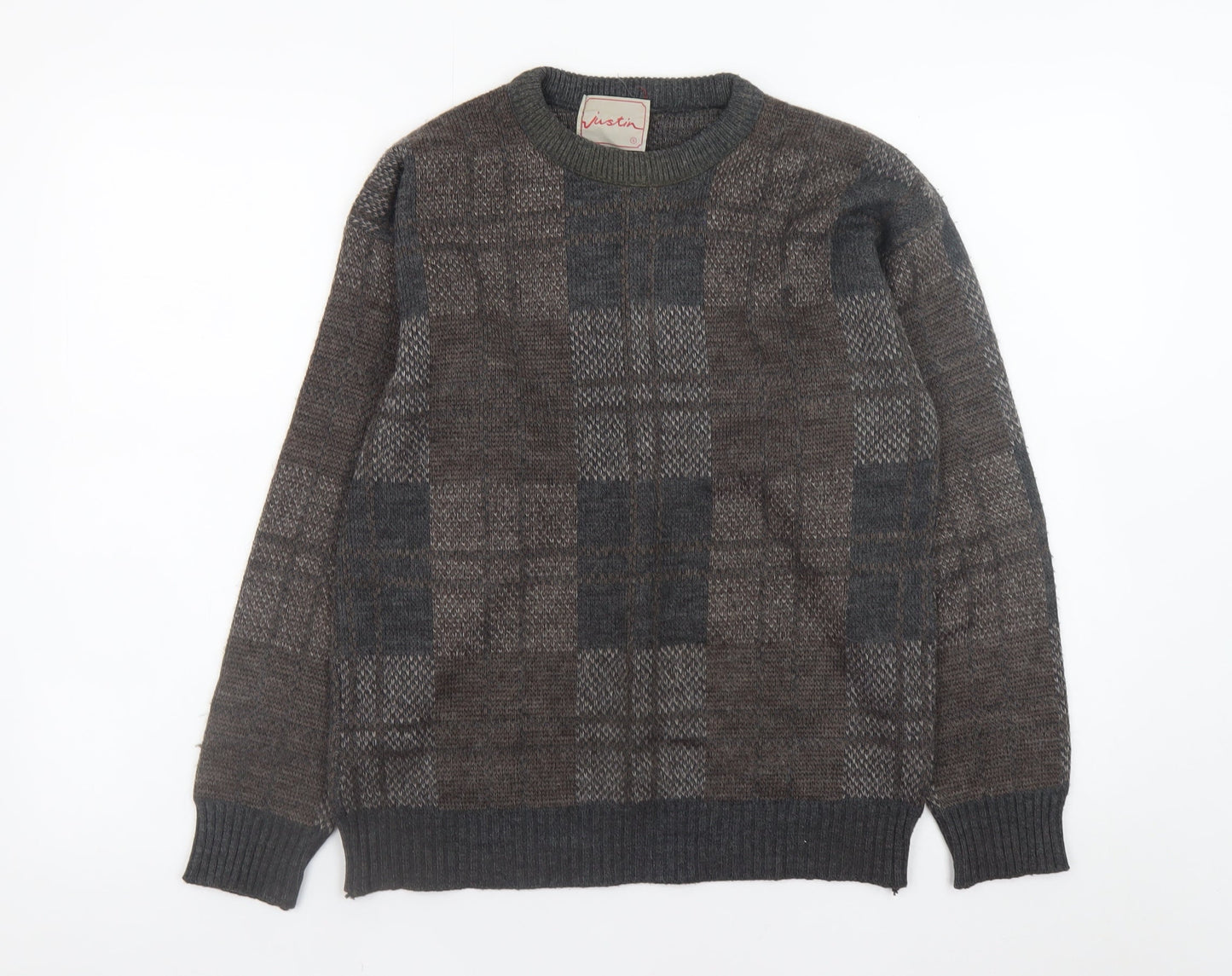 Justin Men's Brown Wool Blend Check Knit Jumper Size S