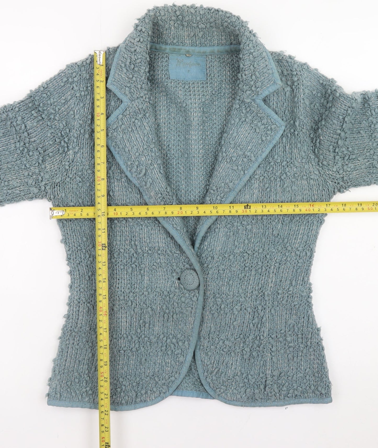 Monsoon Women's Blue Chunky Knit Wool Blend Collared Cardigan Size 8