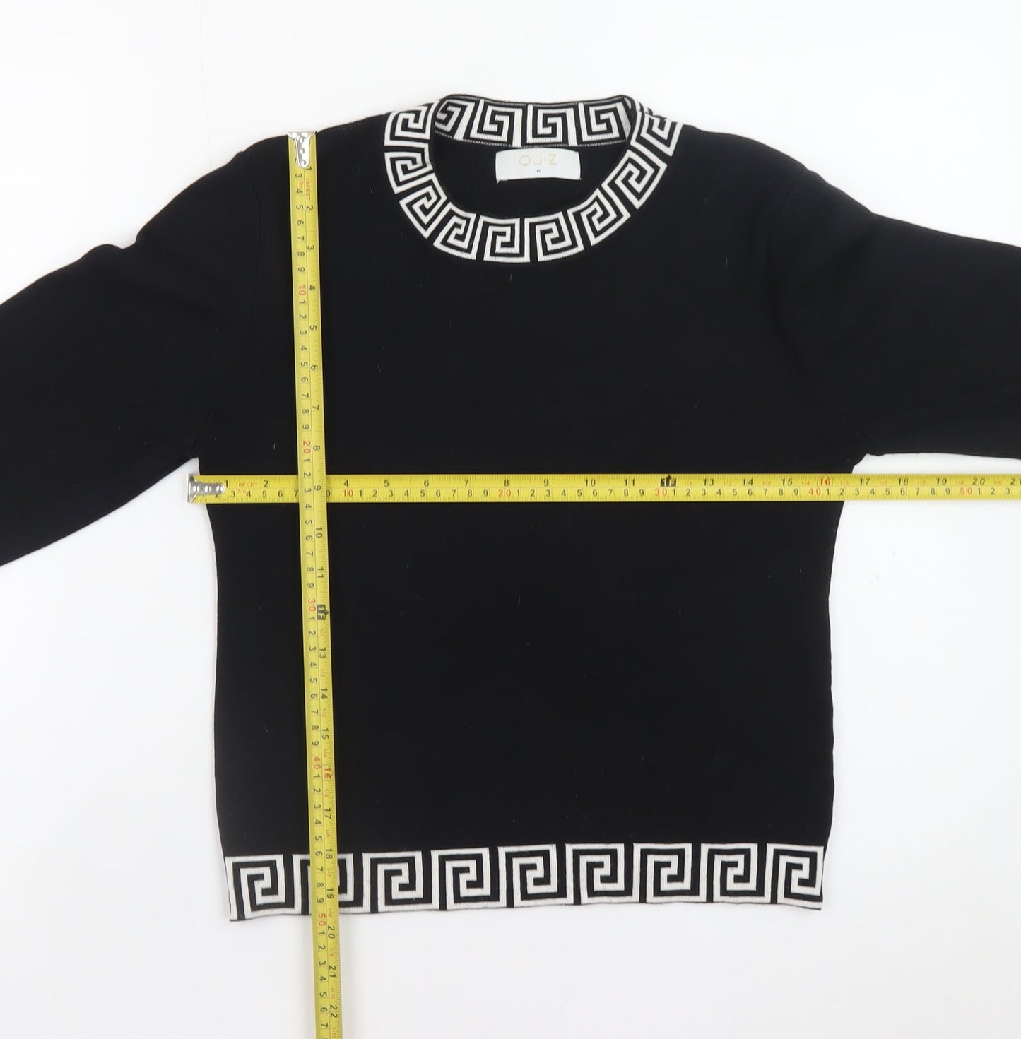 Quiz Womens Black Geometric Trim Crew Neck Knit Jumper Size M