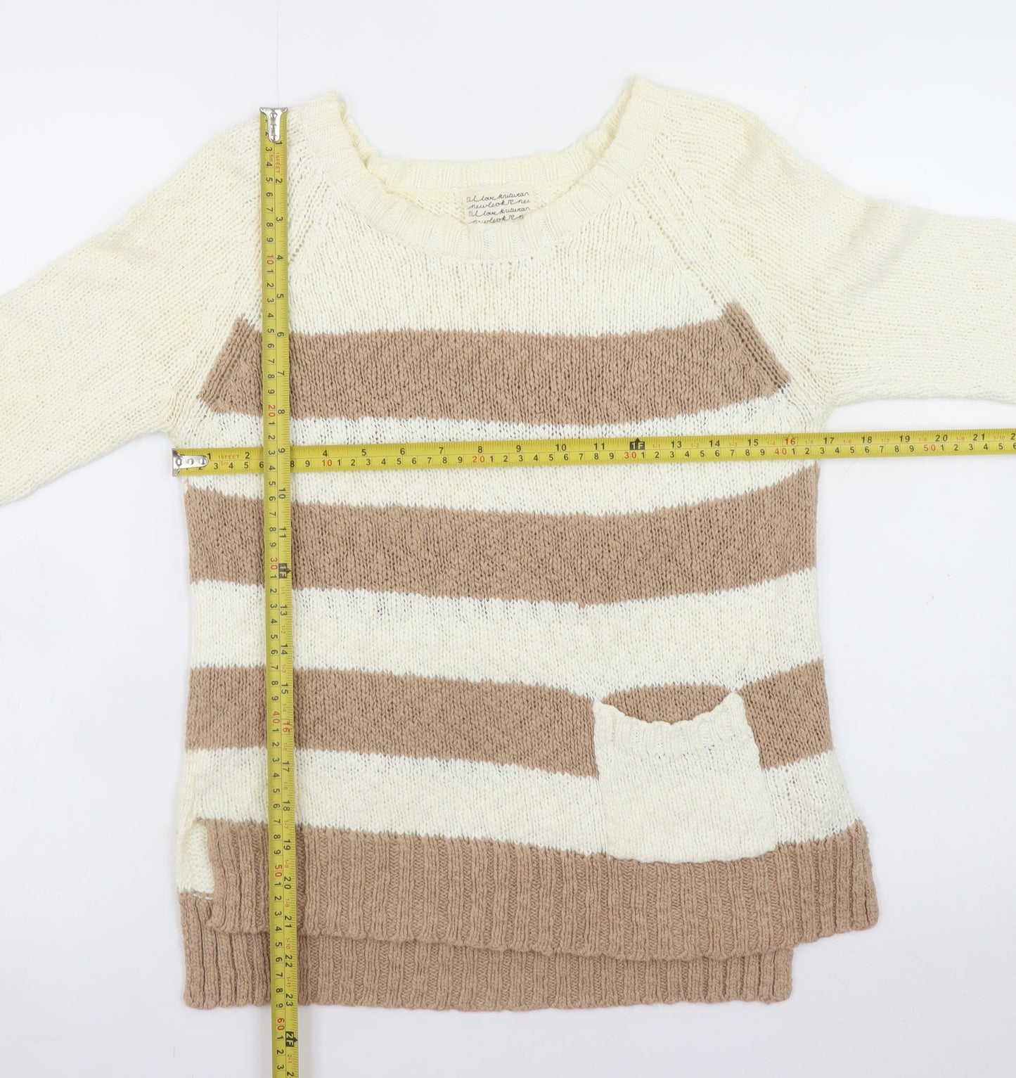 New Look Women’s Beige Striped 3/4 Sleeve Cotton Knit Jumper Size 10