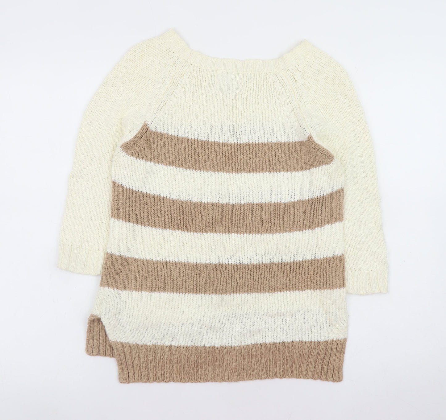 New Look Women’s Beige Striped 3/4 Sleeve Cotton Knit Jumper Size 10