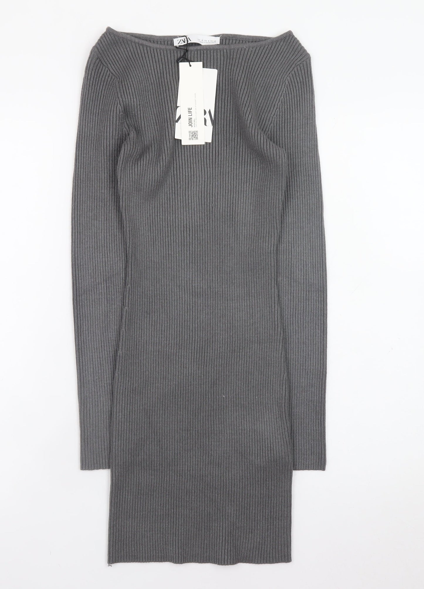 Zara Women Grey Knit Bodycon Dress Size S Long Sleeve