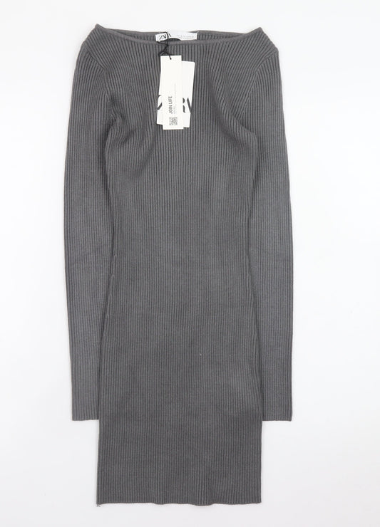 Zara Women Grey Knit Bodycon Dress Size S Long Sleeve