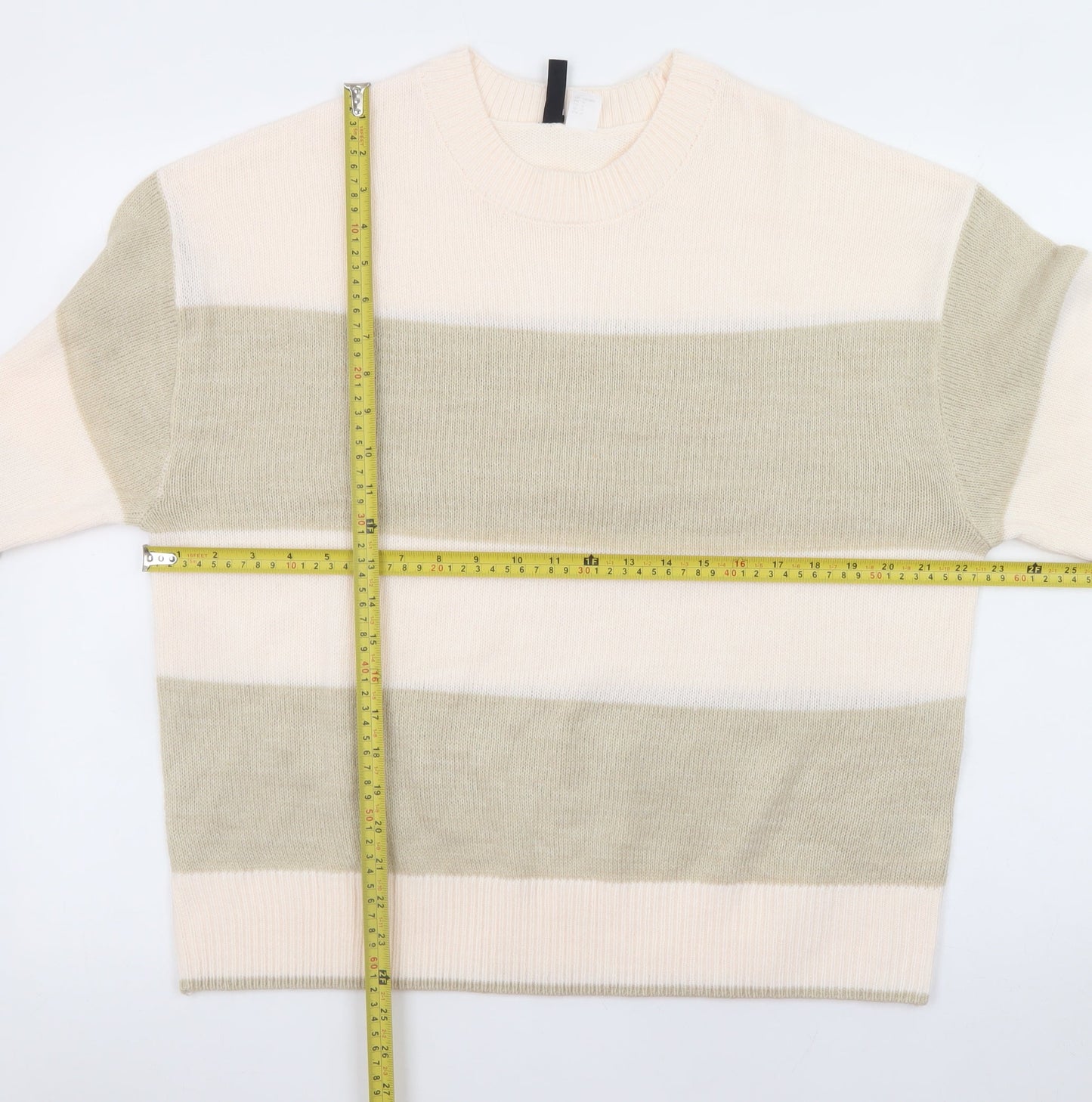 H&M Women Beige Striped Acrylic Knit Pullover Jumper Size 12