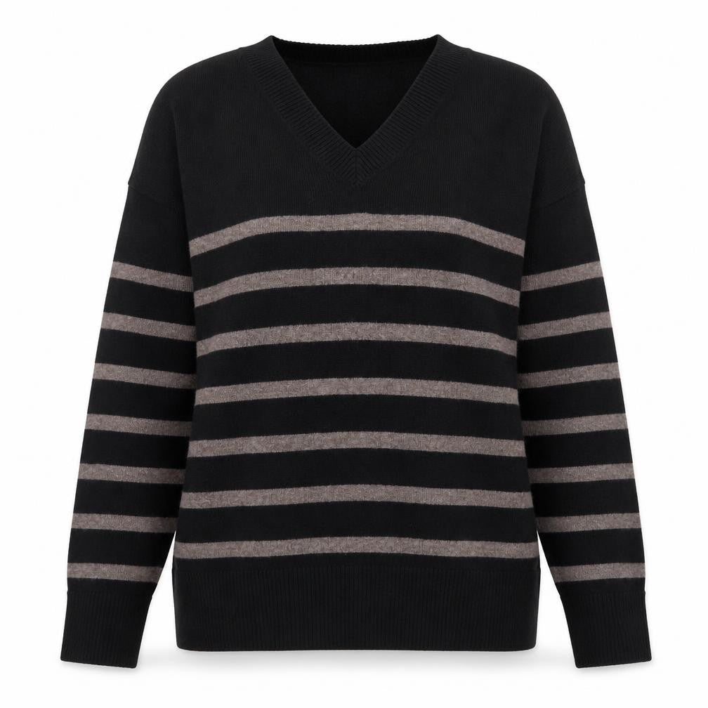 Marks & Spencer Women's Black Striped V-Neck Jumper Size S