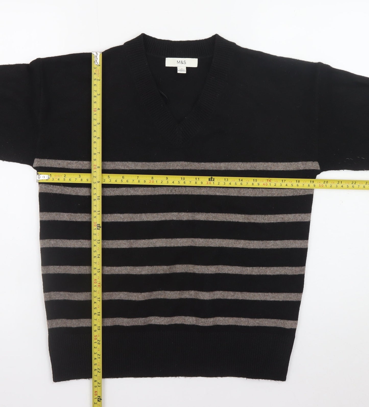 Marks and Spencer Women's Black Striped V-Neck Jumper Size S