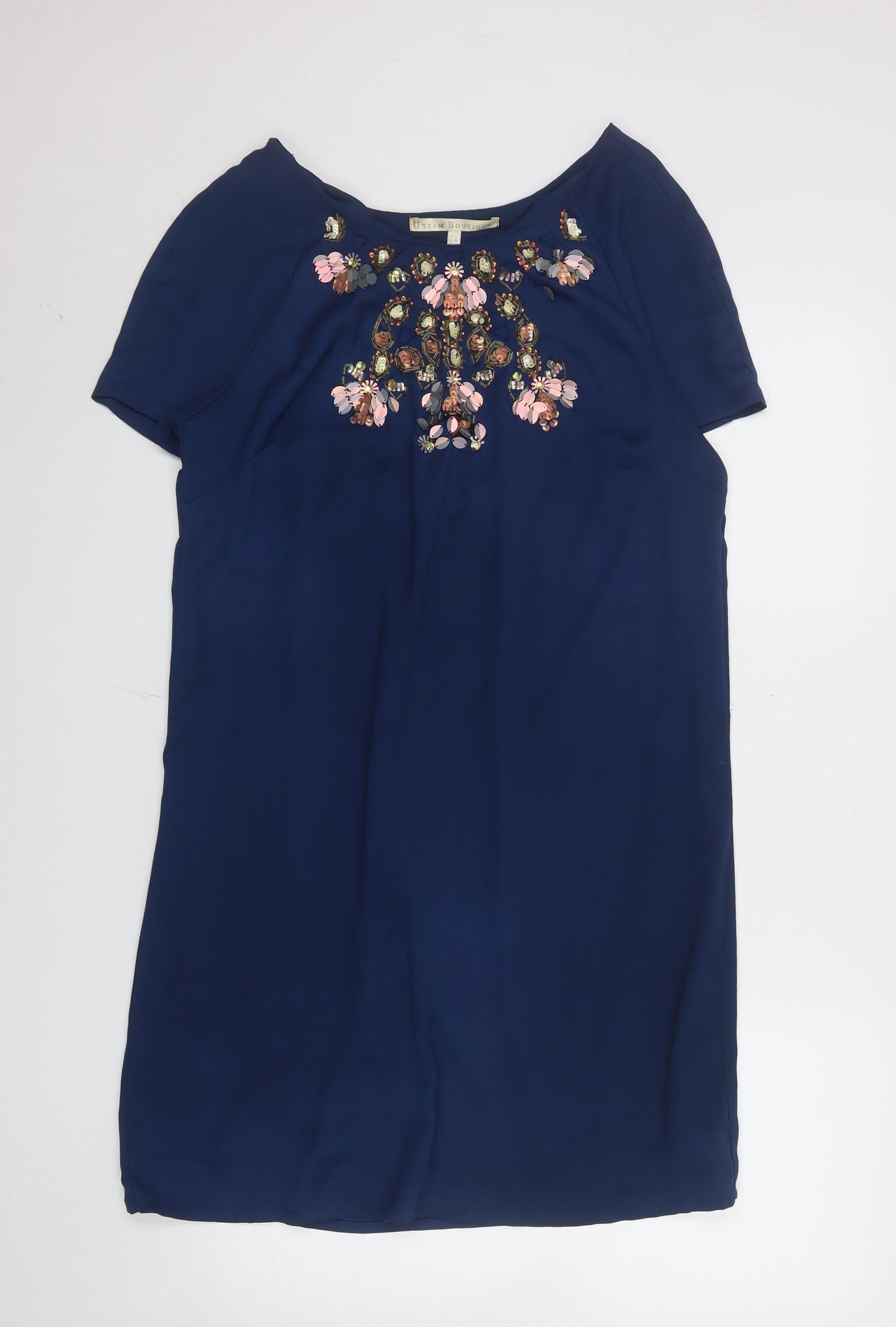 Uttam Boutique Women Blue Size 12 Beaded Shift Dress