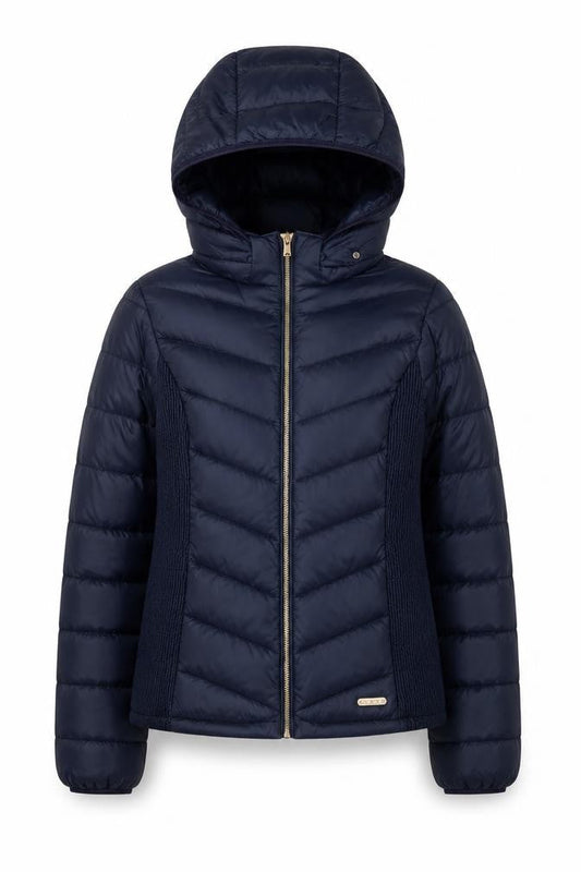Front view of H&M girls’ blue hooded puffer jacket, size 13, years polyester autumn winter