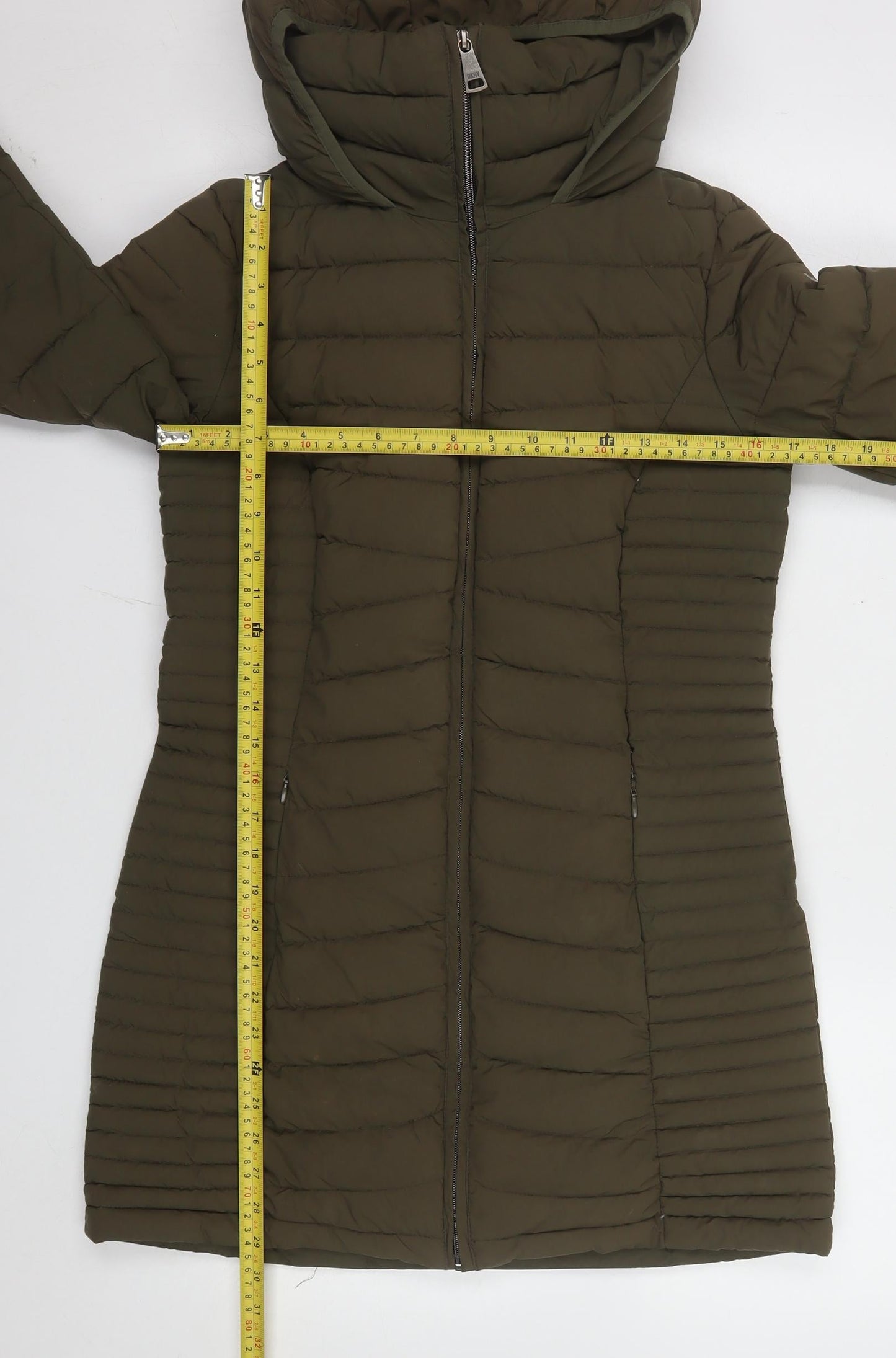 DKNY Women’s Green XS Long Hooded Quilted Puffer Coat
